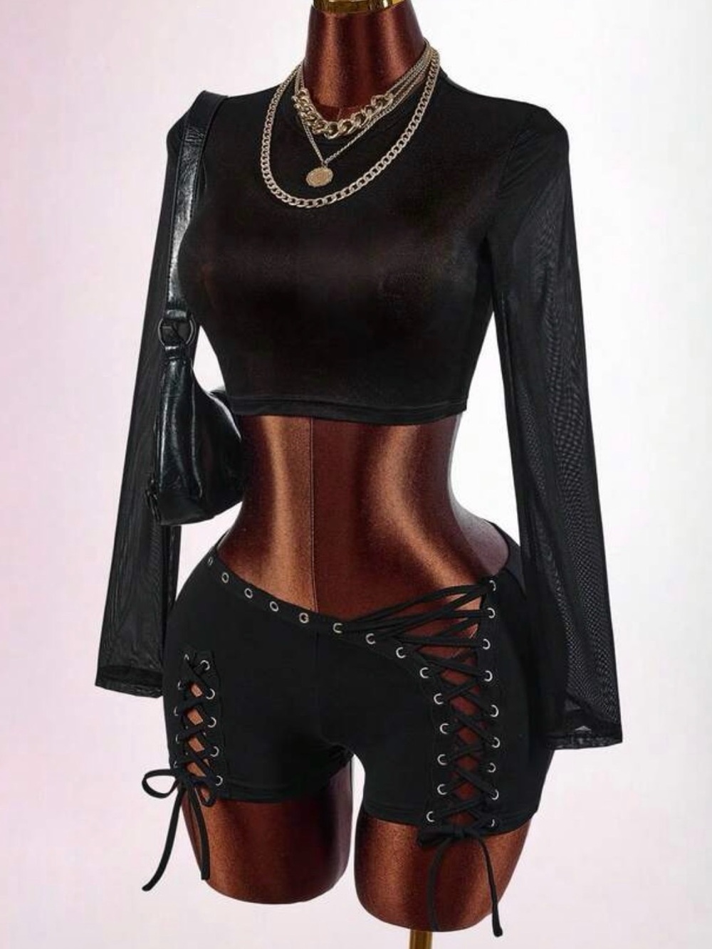 Black Mesh Long-Sleeve Crop Top and Shorts Set